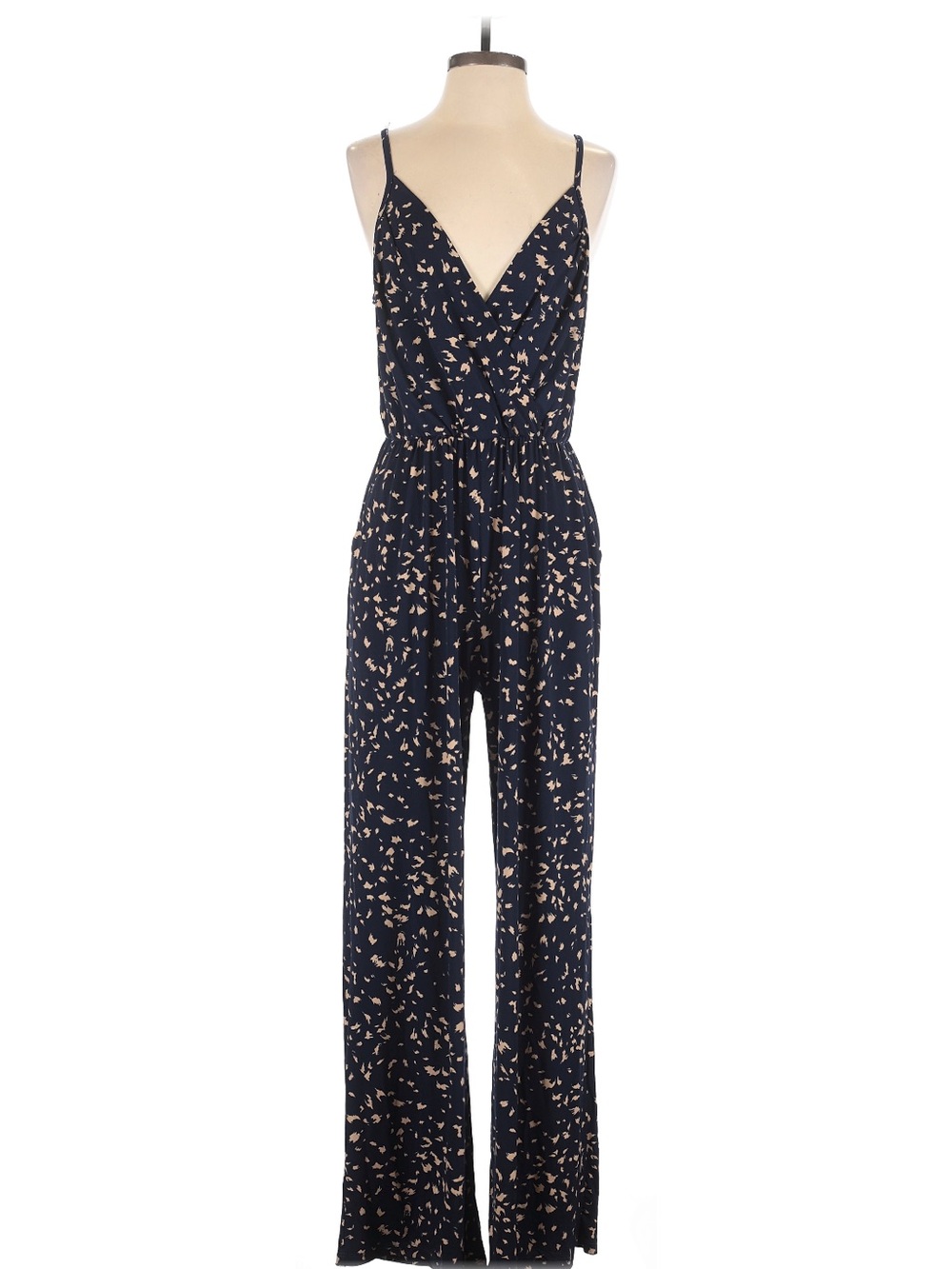 Korye (DailyLook) XLNavy Printed Spaghetti-Strap Jumpsuit with Light Beige Motif